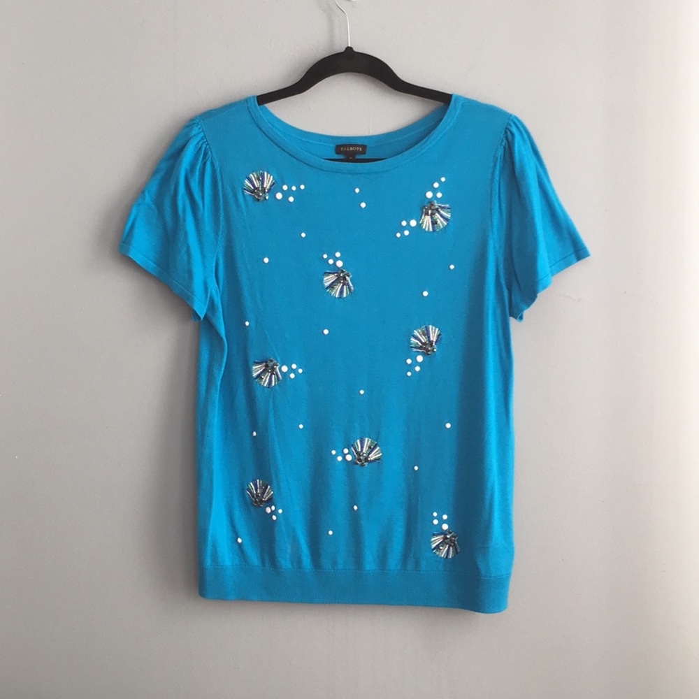 NWT Talbots Blue Beaded Seashells/Clams Blouse